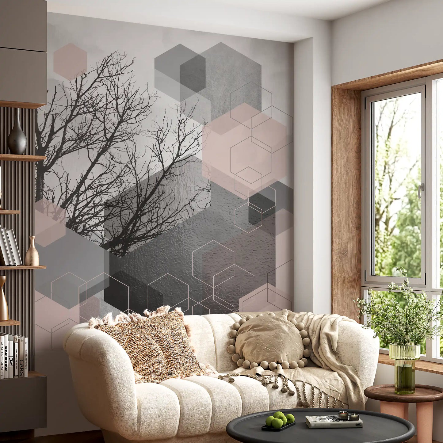 Living room Geometric Forest mural showing Blush Horizon cubes and dark tree lines