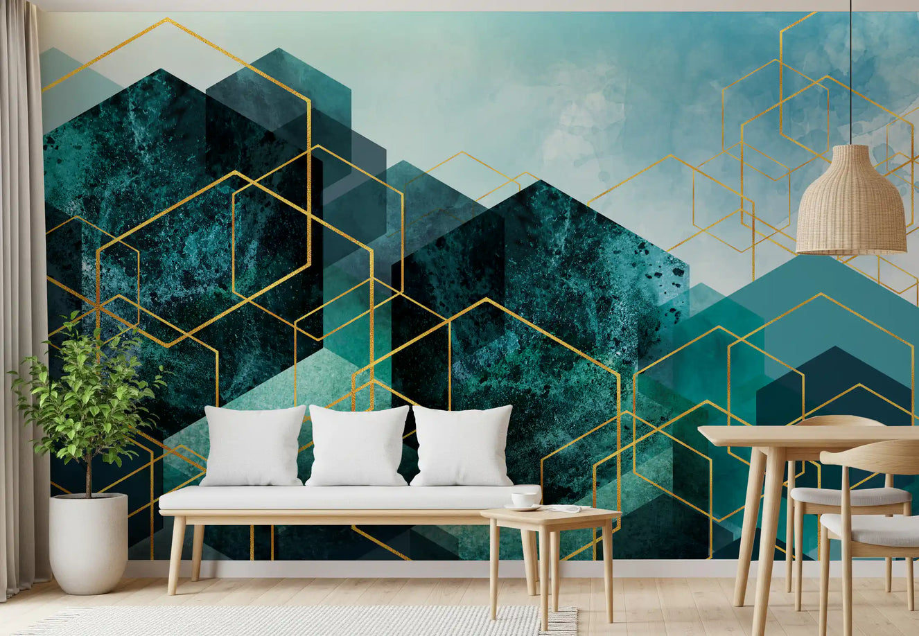 Geometric Teal Gold Glow Wall Mural
