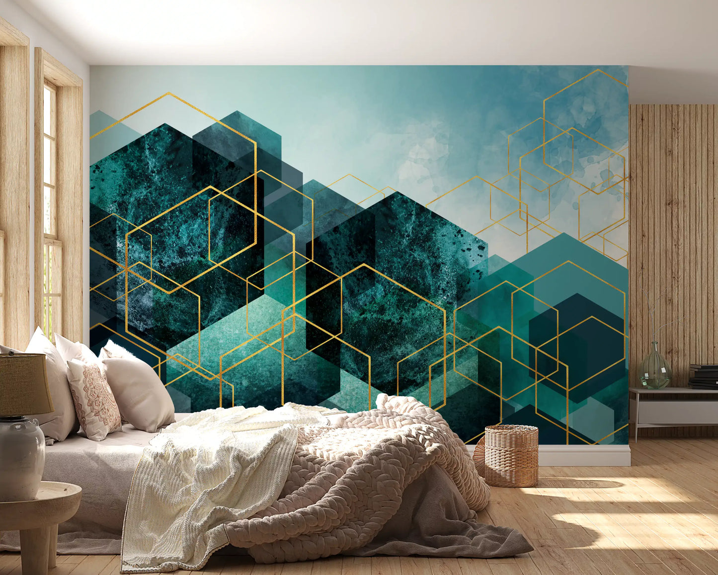 Geometric Teal Gold Glow Wall Mural