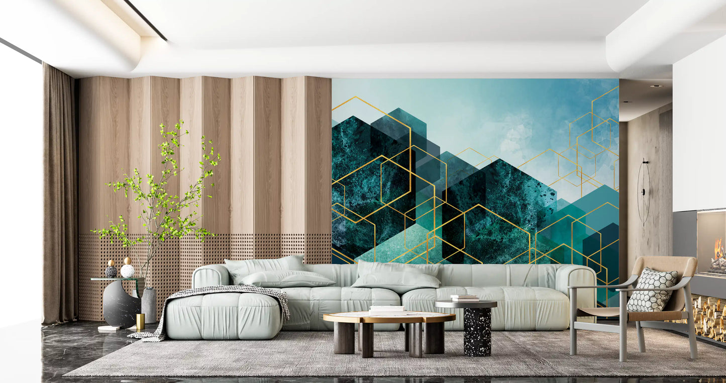 Geometric Teal Gold Glow Wall Mural