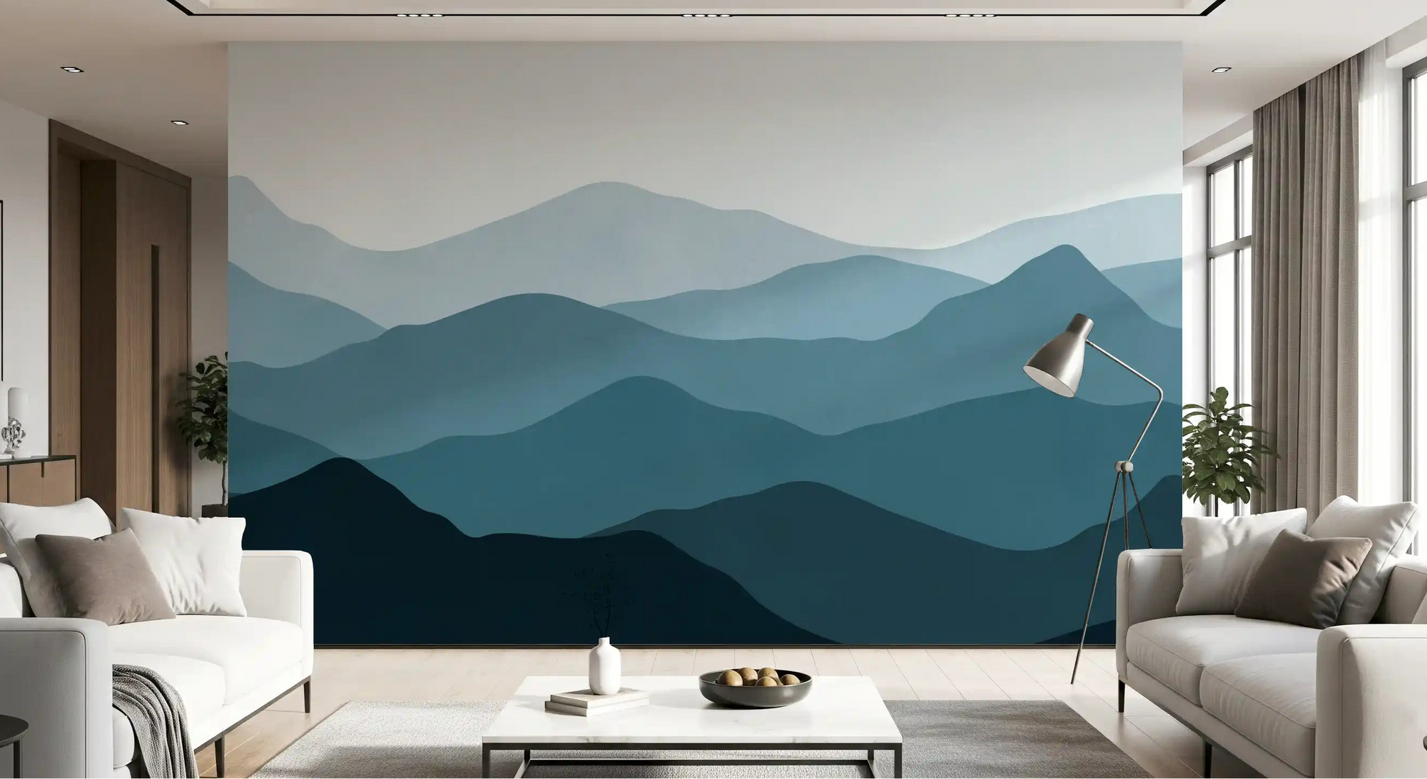 Layered Horizon wall mural sets a quiet backdrop in a sunlit living room