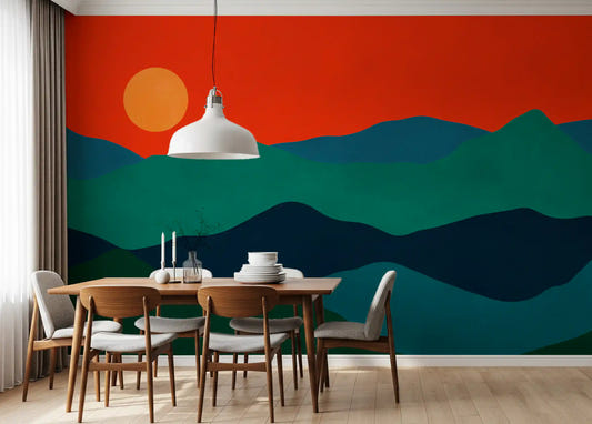 Dining room with layered ridge Mid-Century Mountain Glow wall mural behind table