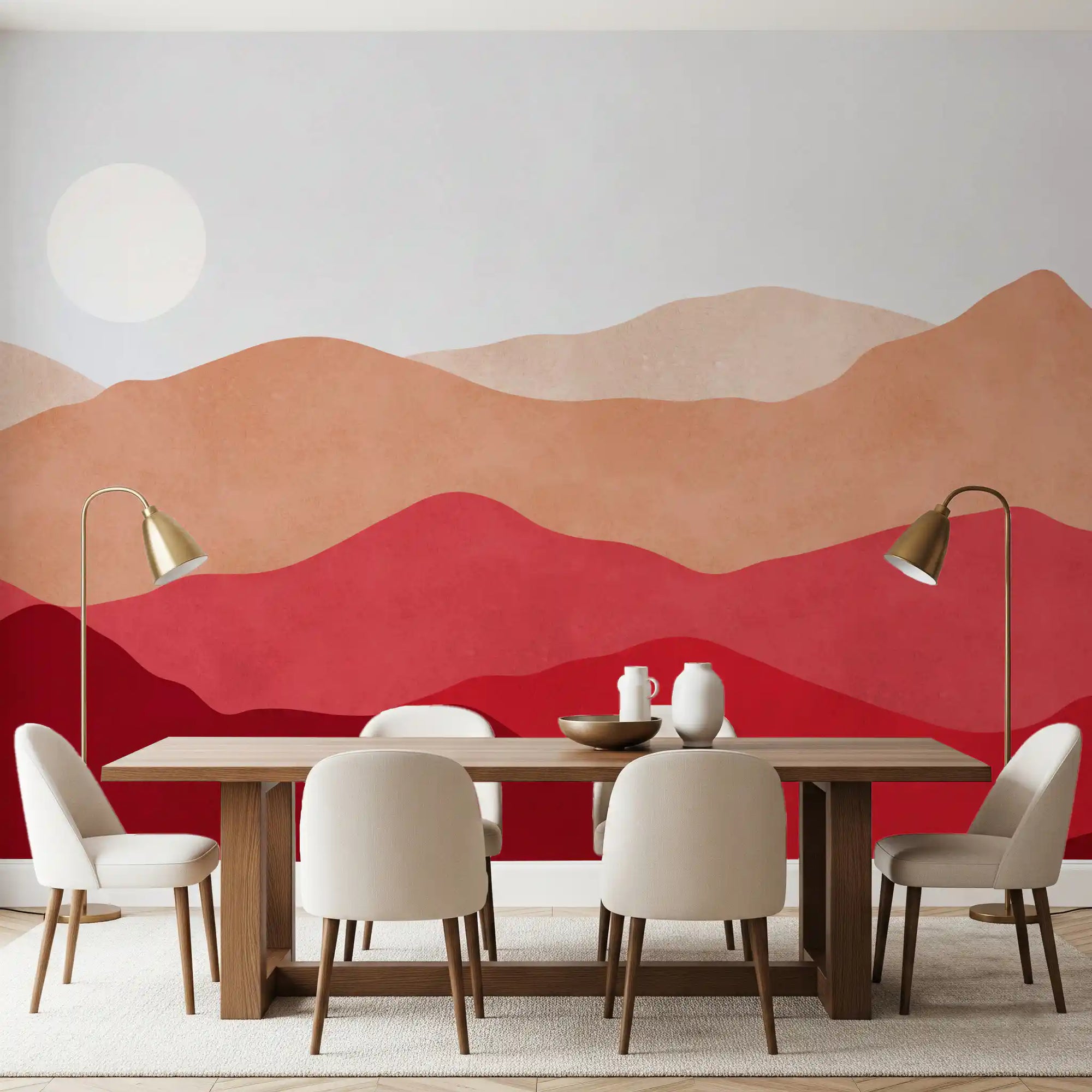 Crimson Horizon Vista wall mural sits behind the dining room.