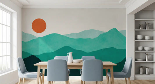 Dining room with chairs and shelving featuring Teal Horizon Peaks wall mural