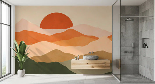 Bathroom feature panel showing the sunset mountain wall mural behind a glass shower