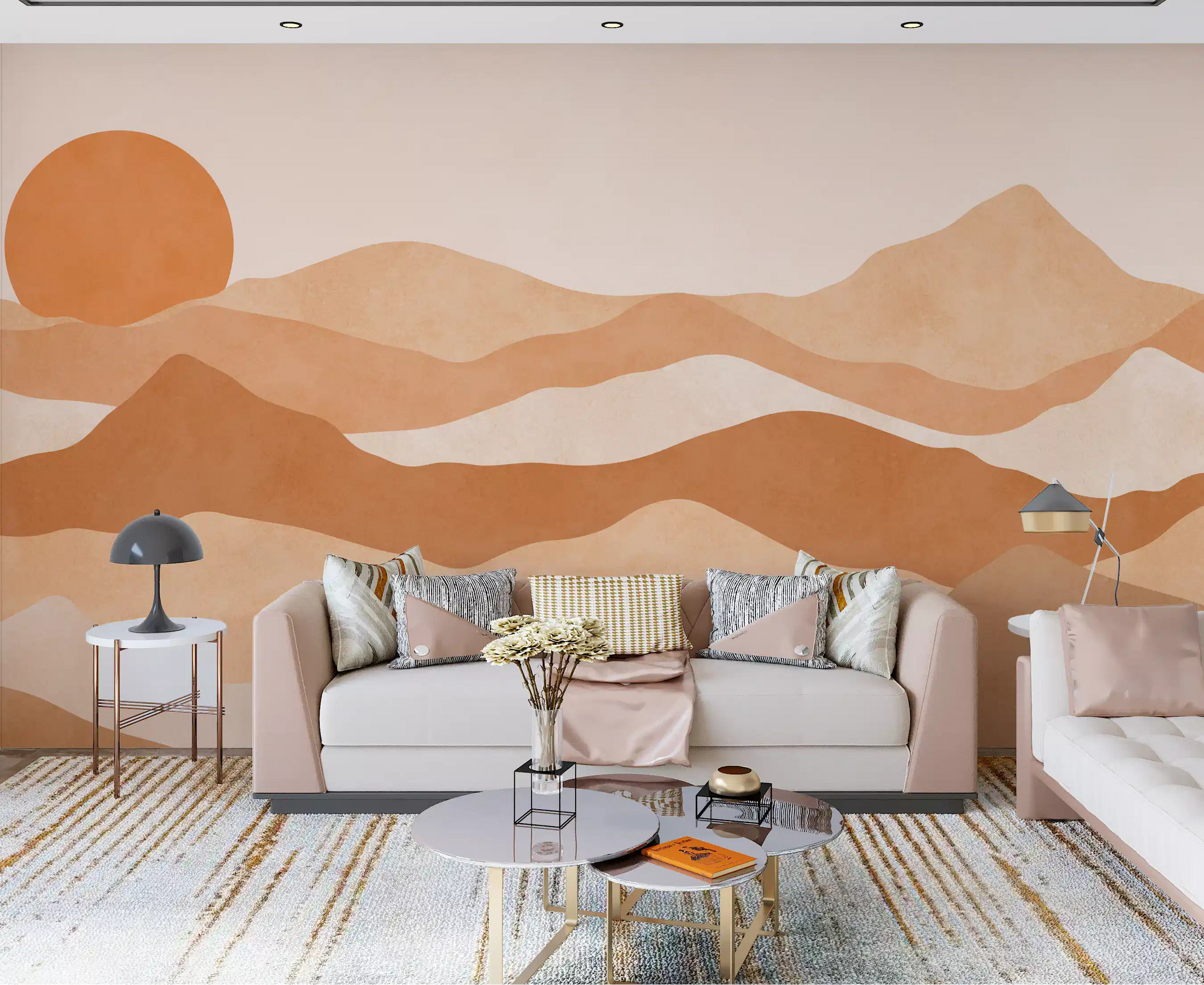 Living room styled with the Earthen Mountain Layers wall mural 