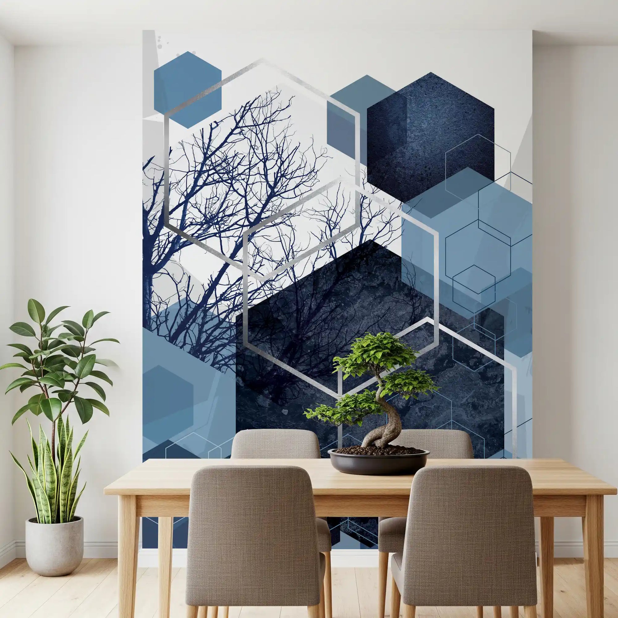 Dining room nook with Indigo Hexagon Horizon wall mural 