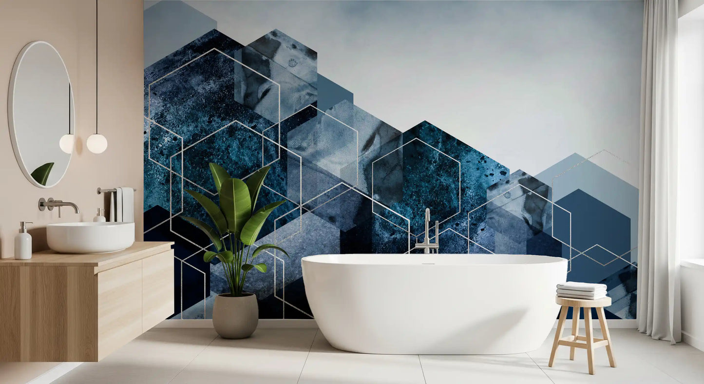 Hexagon Strata: Modern Blue & Silver Wall Mural
