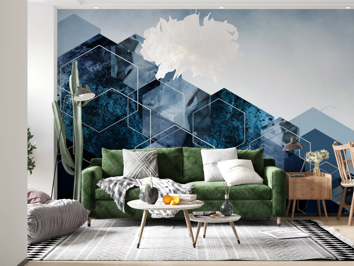Hexagon Strata: Modern Blue & Silver Wall Mural