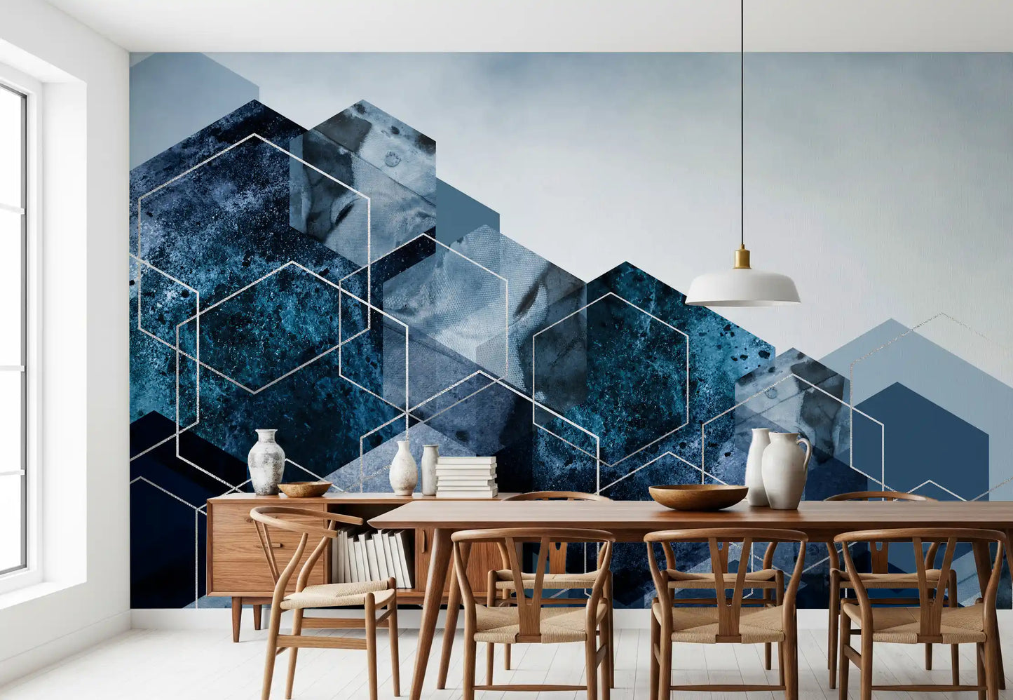 Hexagon Strata: Modern Blue & Silver Wall Mural