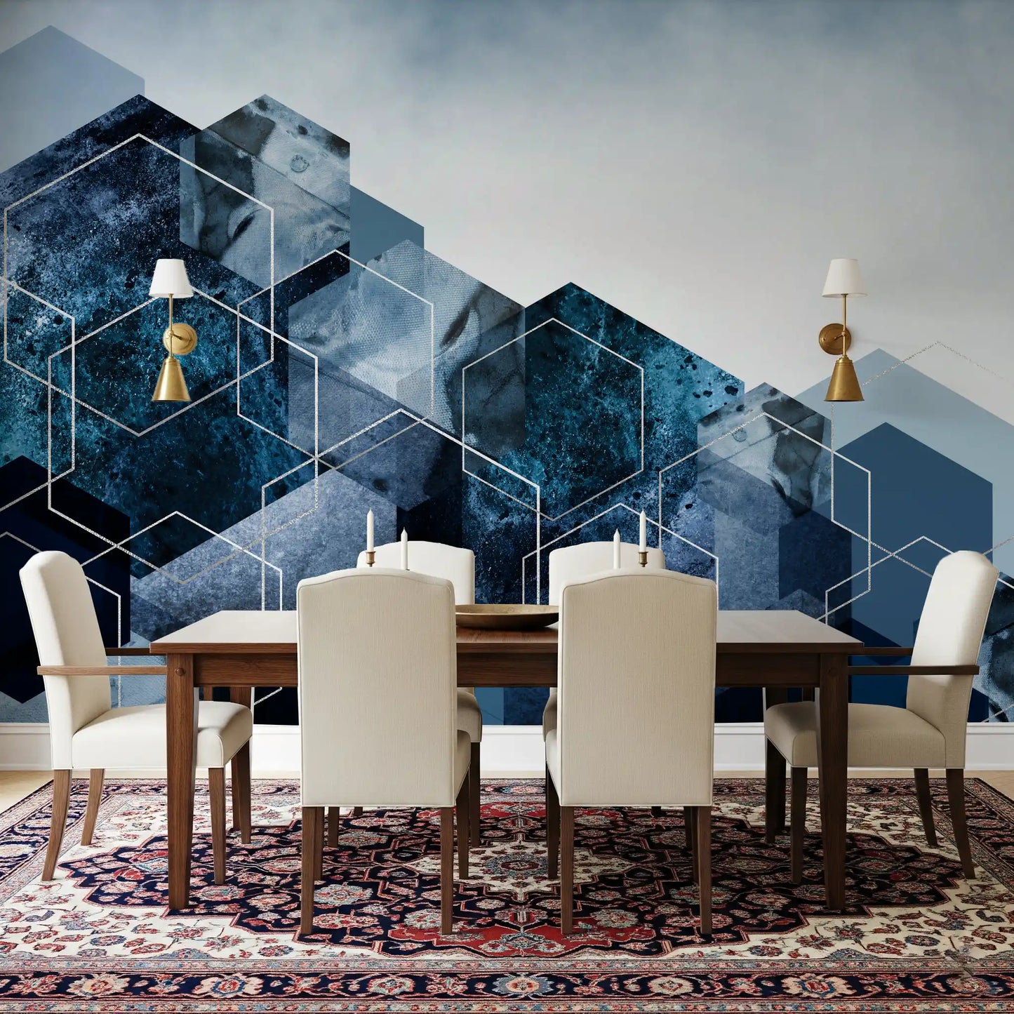Hexagon Strata: Modern Blue & Silver Wall Mural