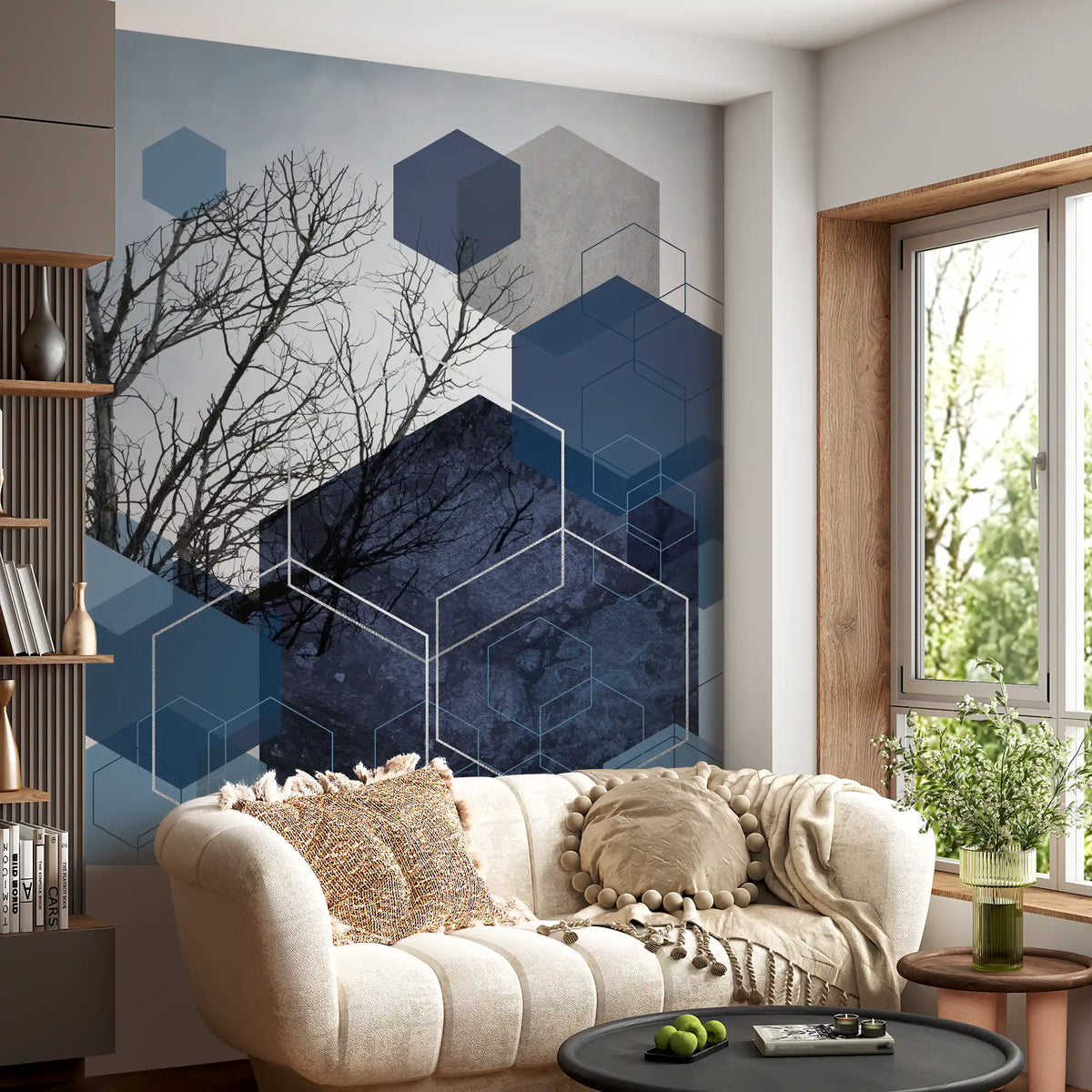 Hexagons and bare branches sit  in a bright living room.