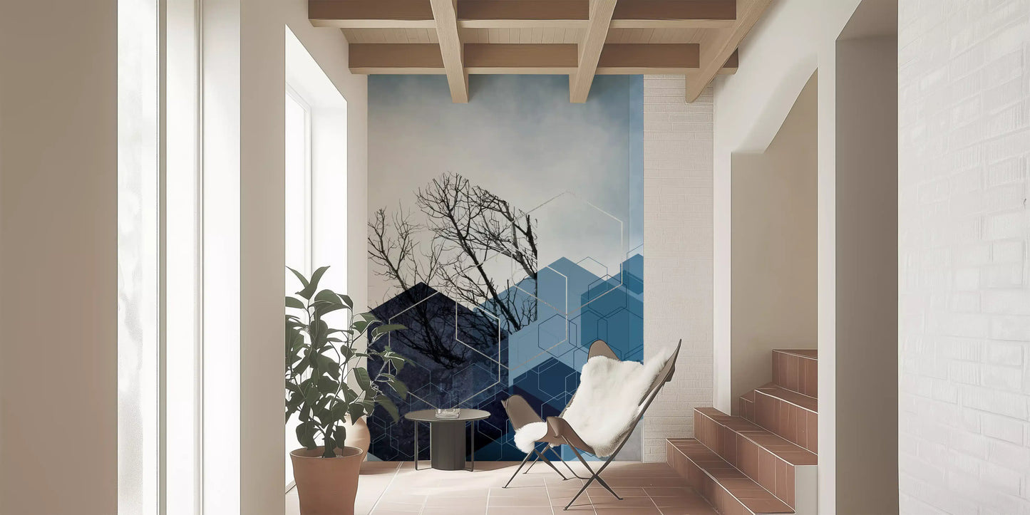 Blue Hexagon Winter Branch Wall Mural
