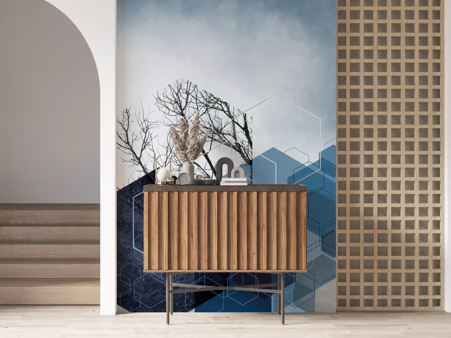Blue Hexagon Winter Branch Wall Mural