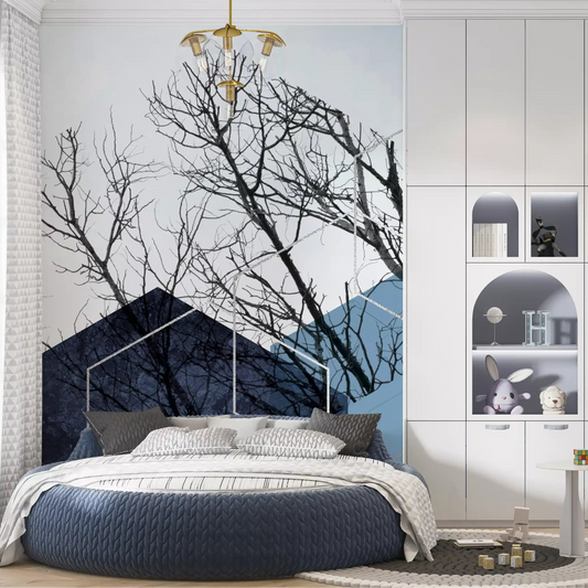 Bedroom finished in the Blue Hexagon Winter Branch wall mural 