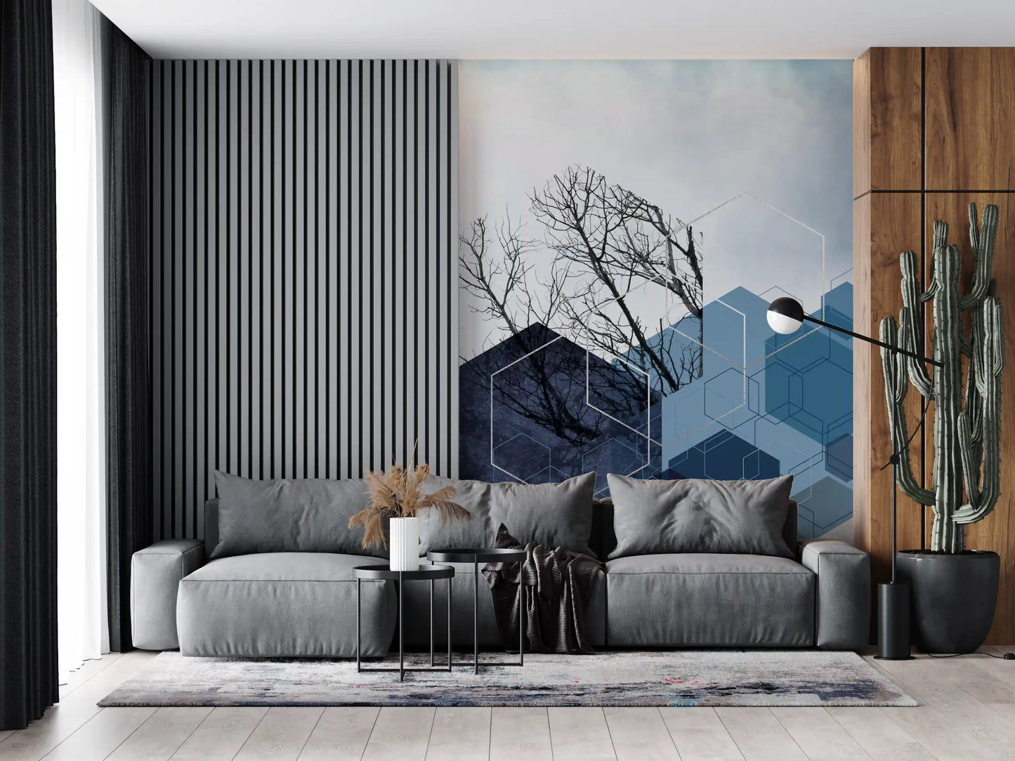 Blue Hexagon Winter Branch Wall Mural