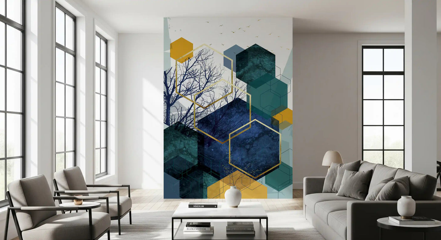Golden Branch Geometry Wall Mural