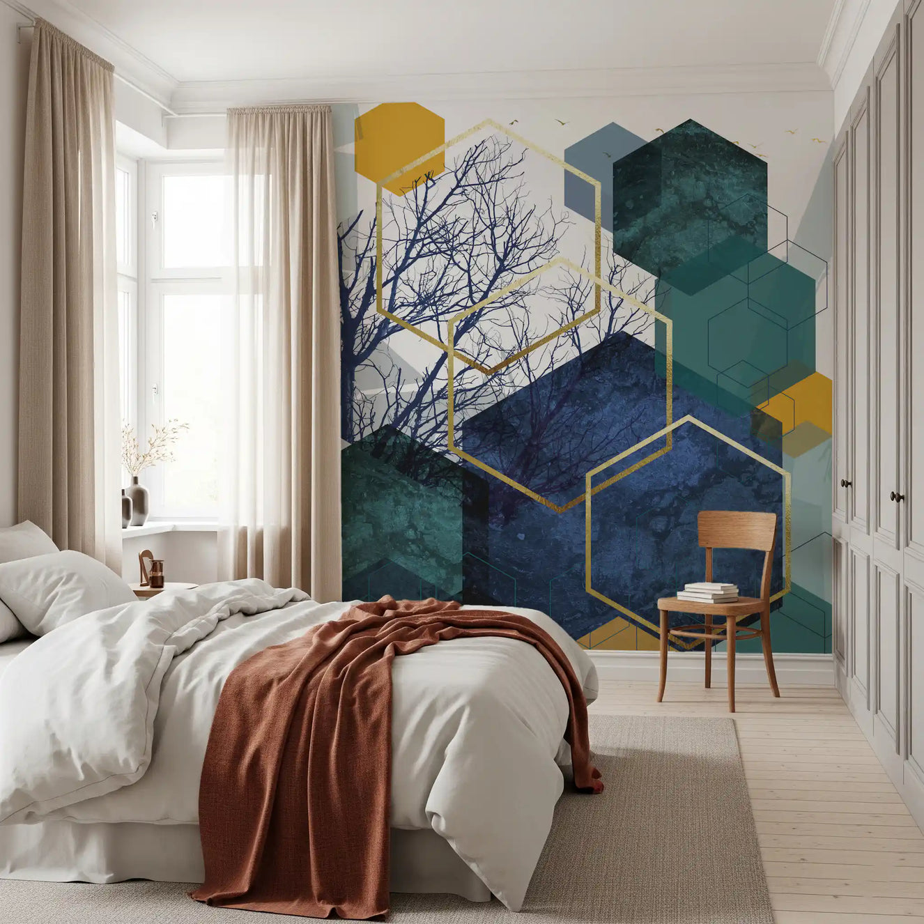 Golden hexagons and dark branches catch the eye in a Bedroom wall mural