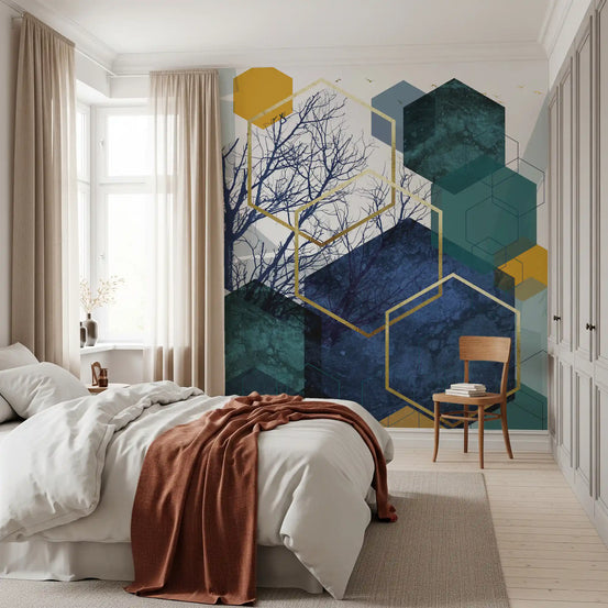 Golden hexagons and dark branches catch the eye in a Bedroom wall mural