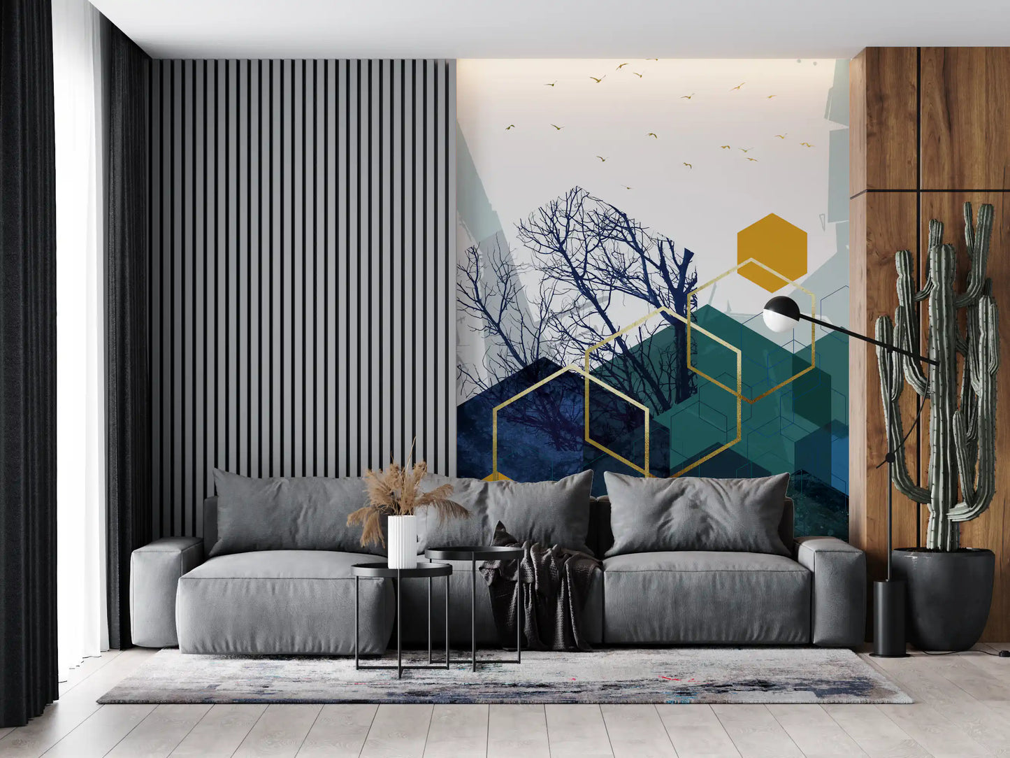 Azure Branches & Gold Hexes Wall Mural