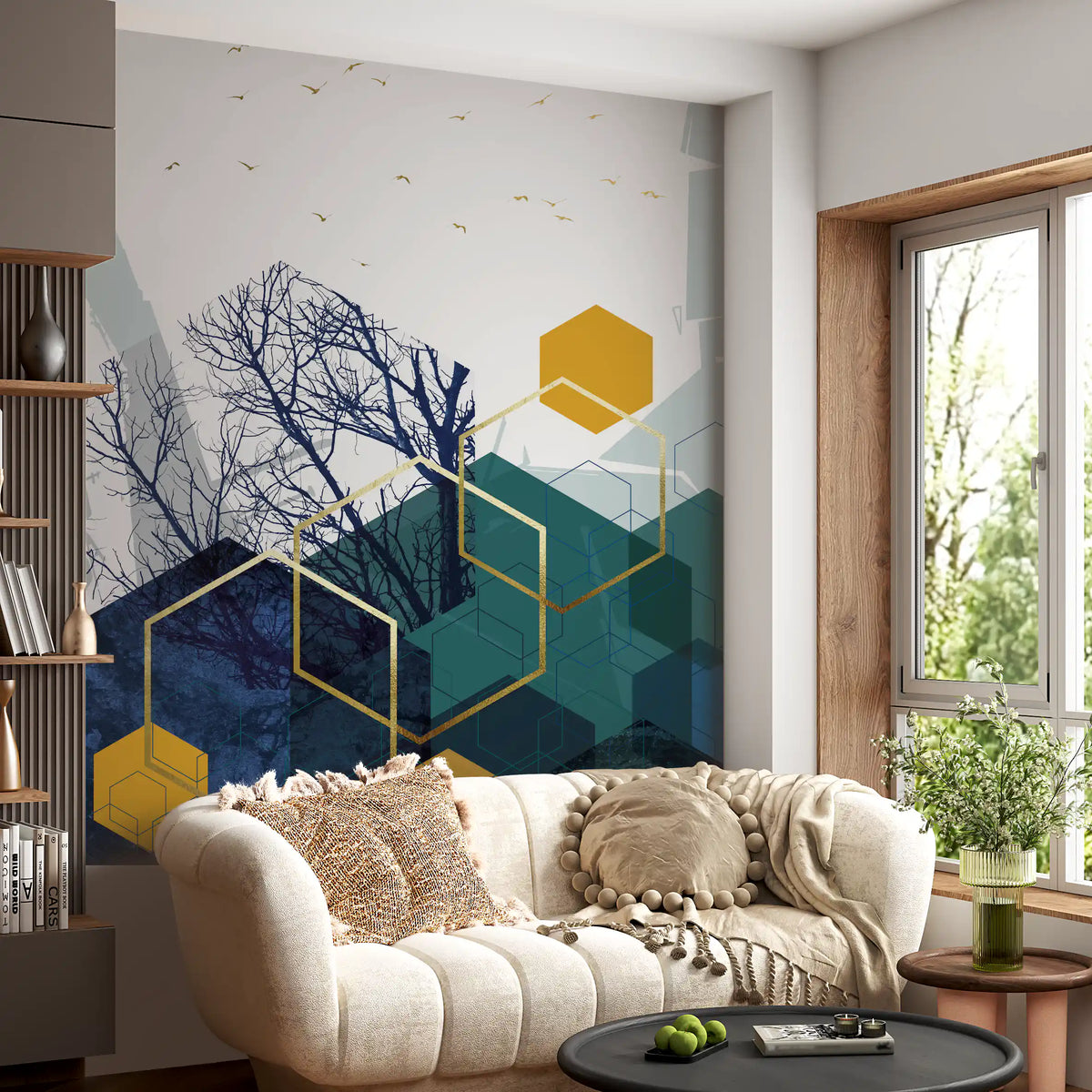 Golden hexagons and dark branches catch the eye in a Living room wall mural