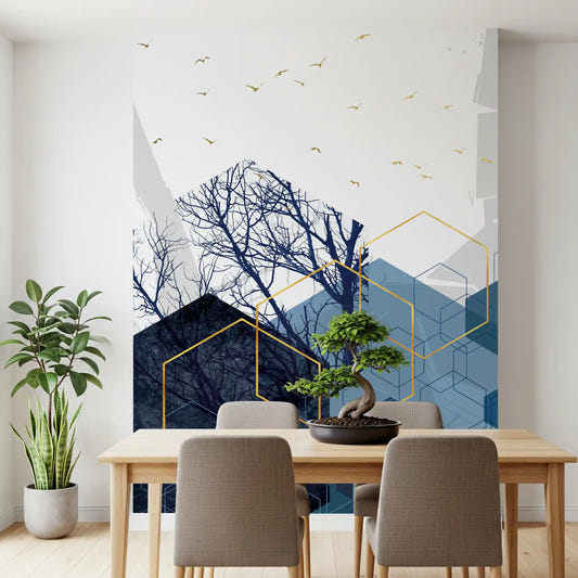 Dining room dressed in the navy hexagon and bare tree wall mural