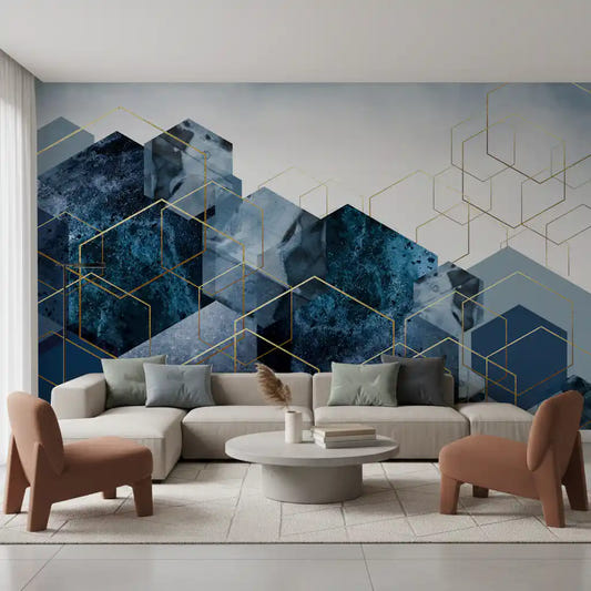 Modern living room styled around the Golden Hexagon Cascade wall mural in navy