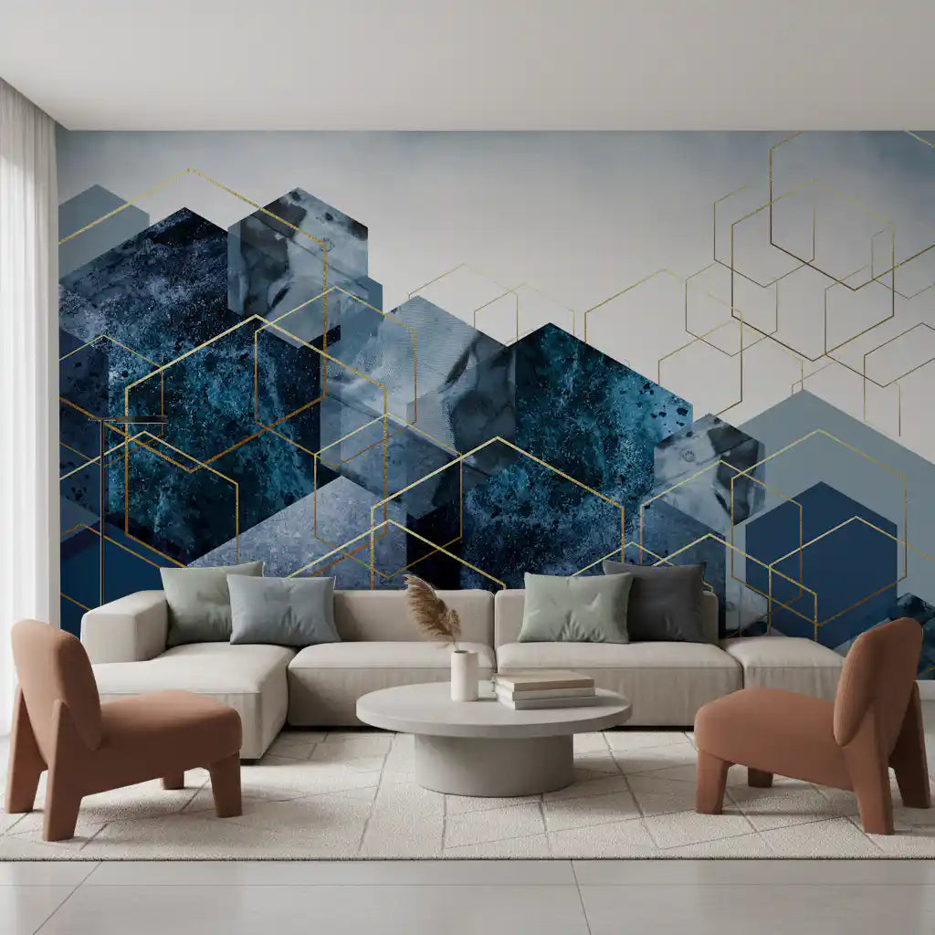Modern living room styled around the Golden Hexagon Cascade wall mural in navy