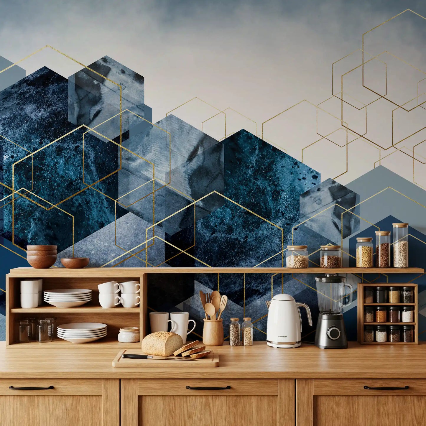 Golden Hexagon Cascade Wall Mural