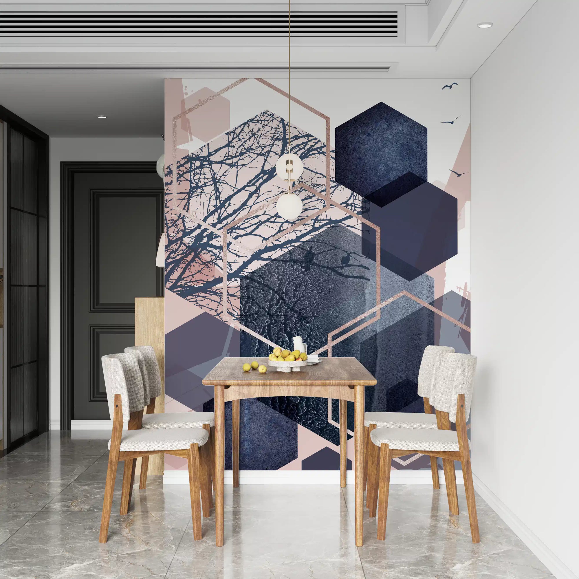 Dining room styled with the Geometric Forest Flight wall mural
