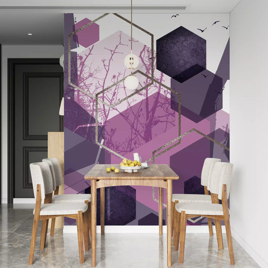 Geometric Flight wall mural styling a dining room with timber chairs and clean lines