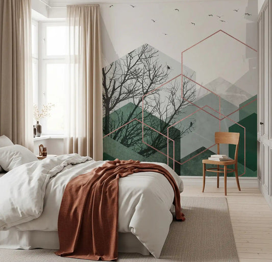 Bedroom feature corner showing the Emerald Hexagon Vista wall mural 