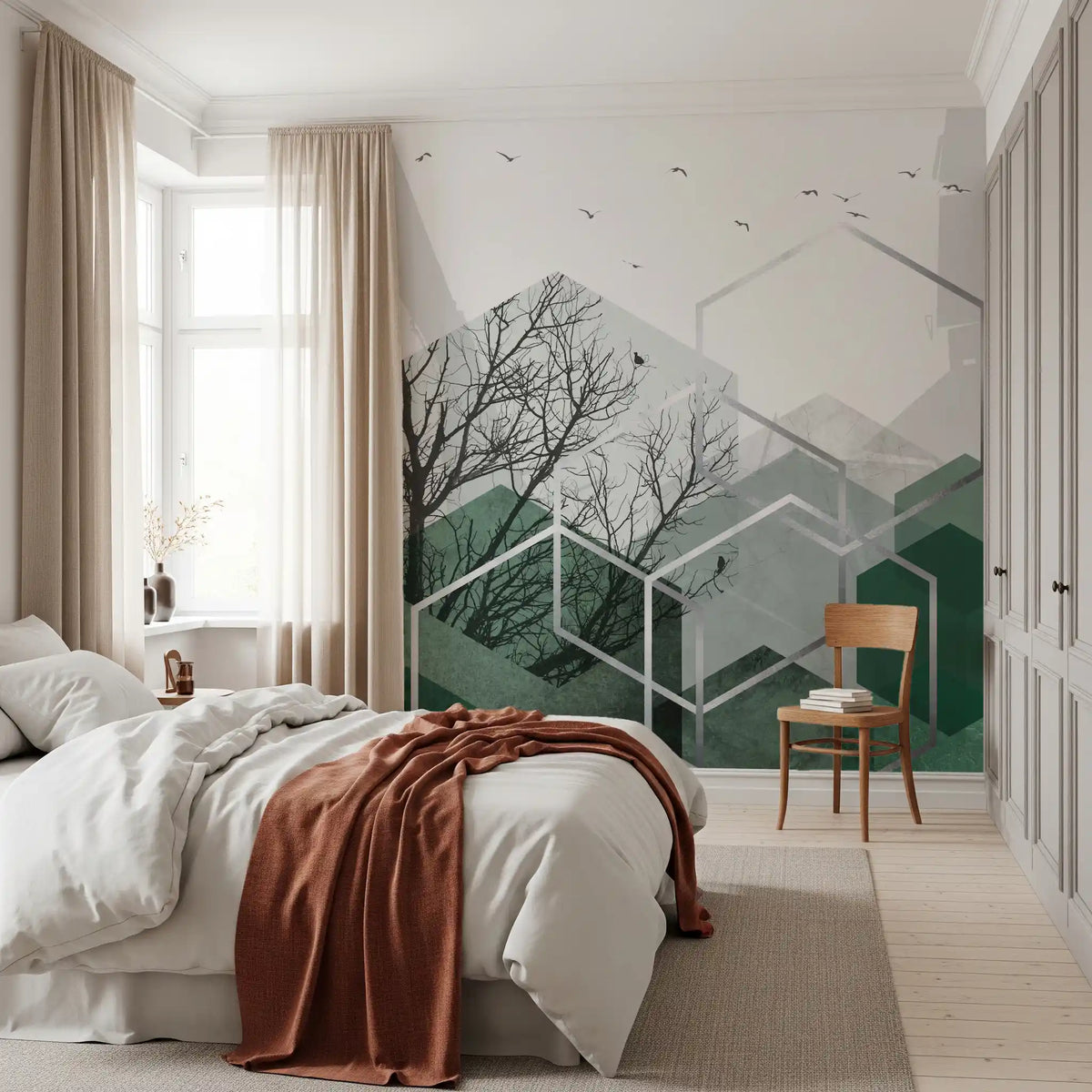 Bedroom feature setup using the Geometric Canopy Birds wall mural in green tones