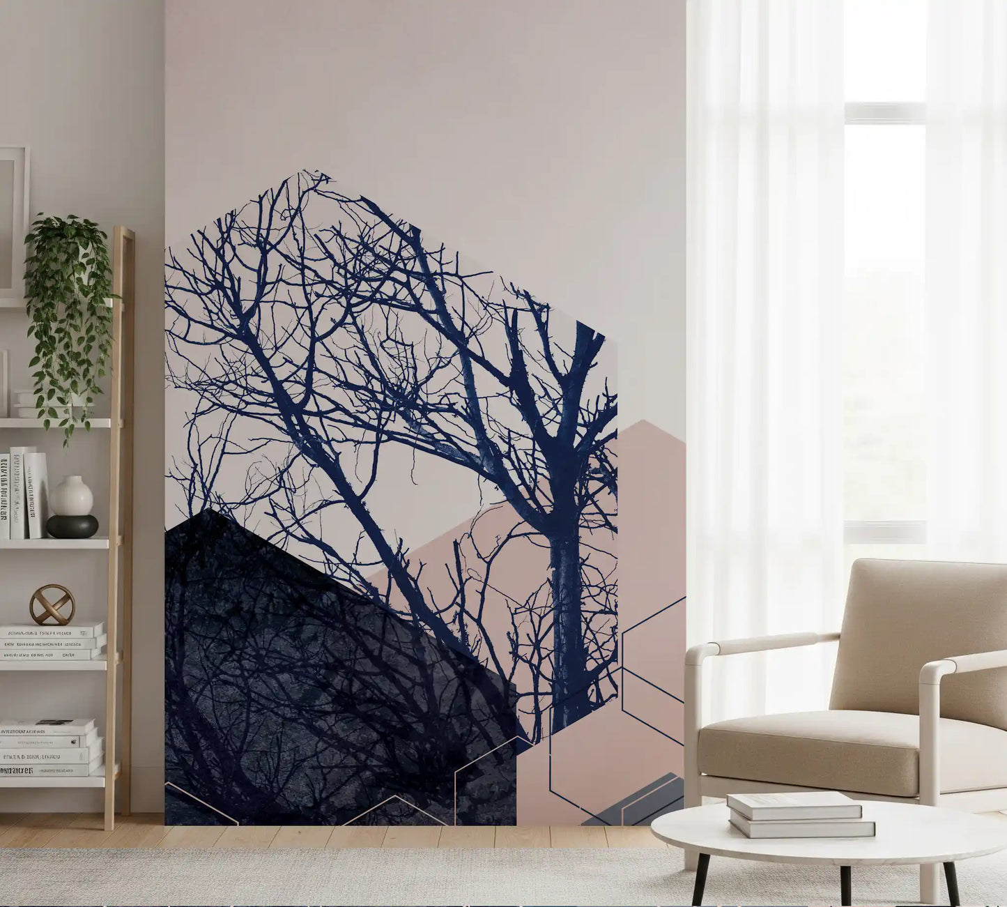 Geometric Grove: Midnight & Blush 2 Wall Mural