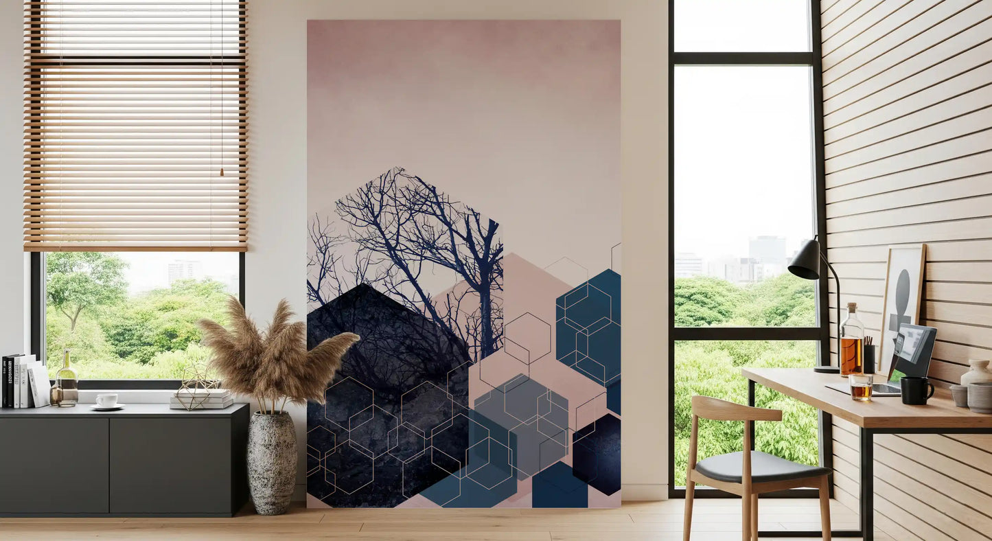 Geometric Grove: Midnight & Blush 2 Wall Mural
