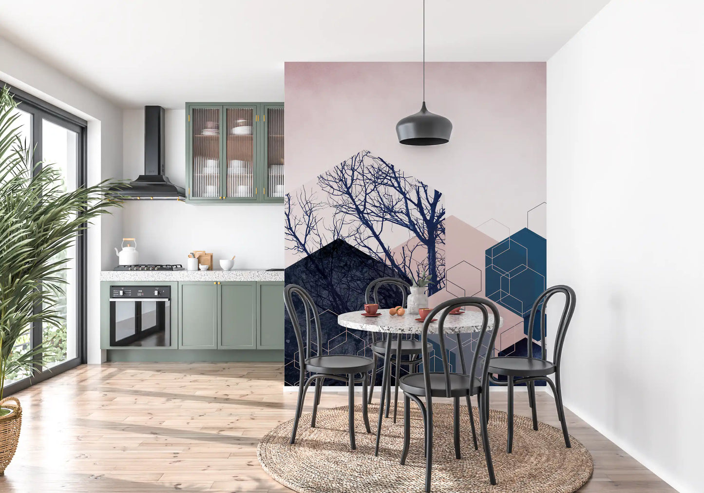 Geometric Grove: Midnight & Blush 2 Wall Mural