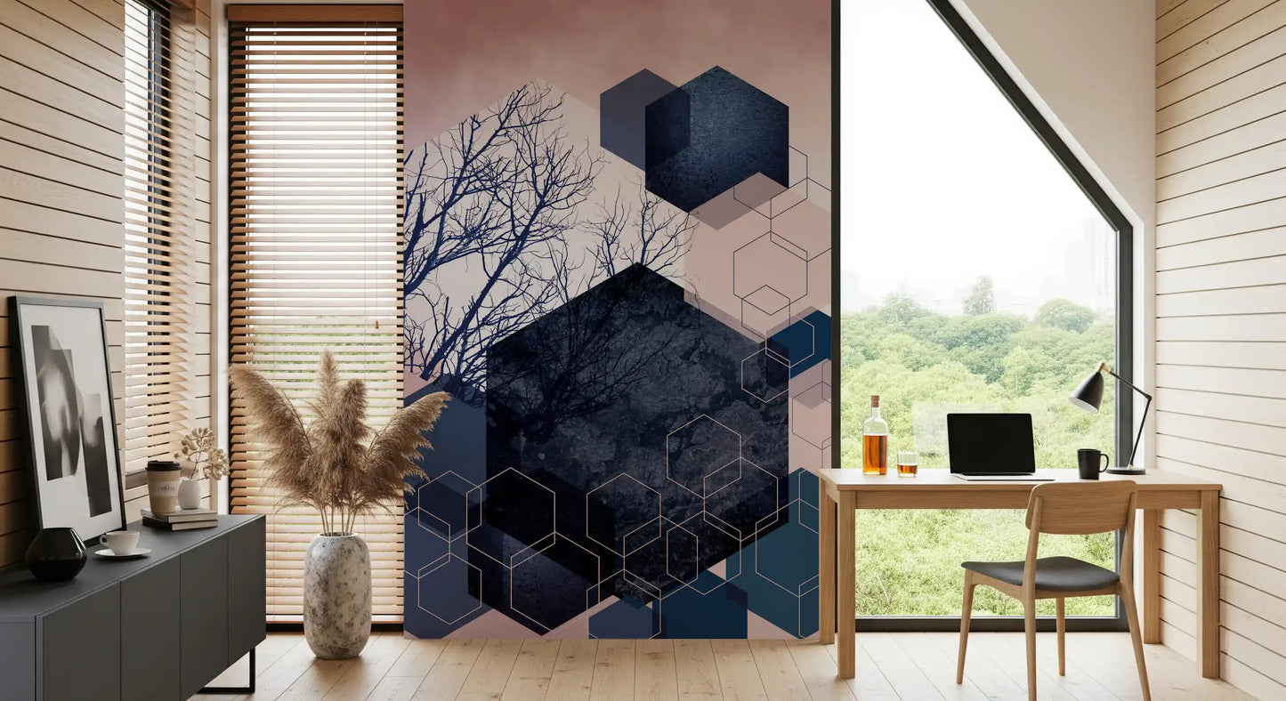 Geometric Grove: Midnight & Blush Wall Mural