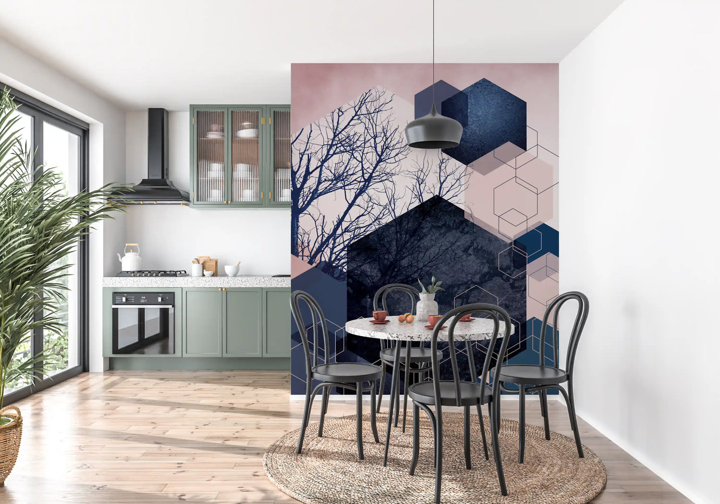 Geometric Grove: Midnight & Blush Wall Mural