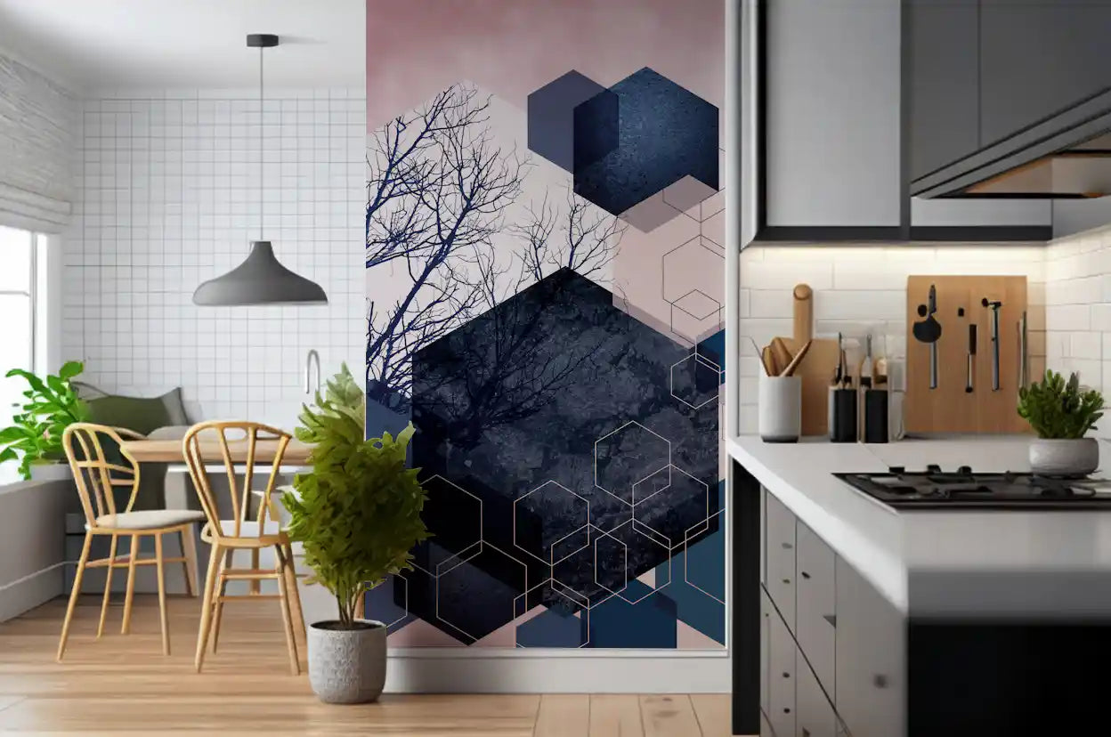Geometric Grove: Midnight & Blush Wall Mural
