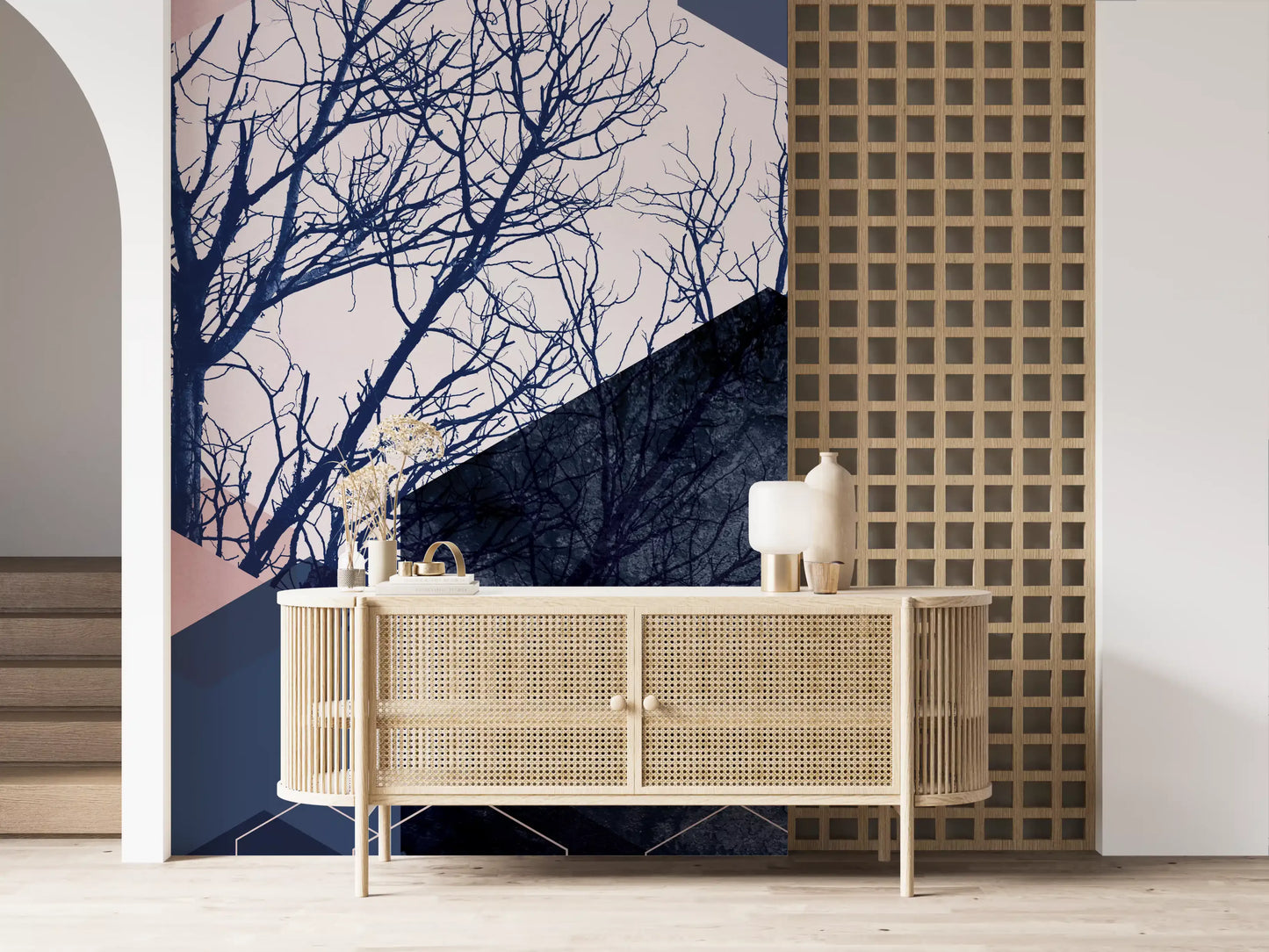 Geometric Grove: Midnight & Blush Wall Mural