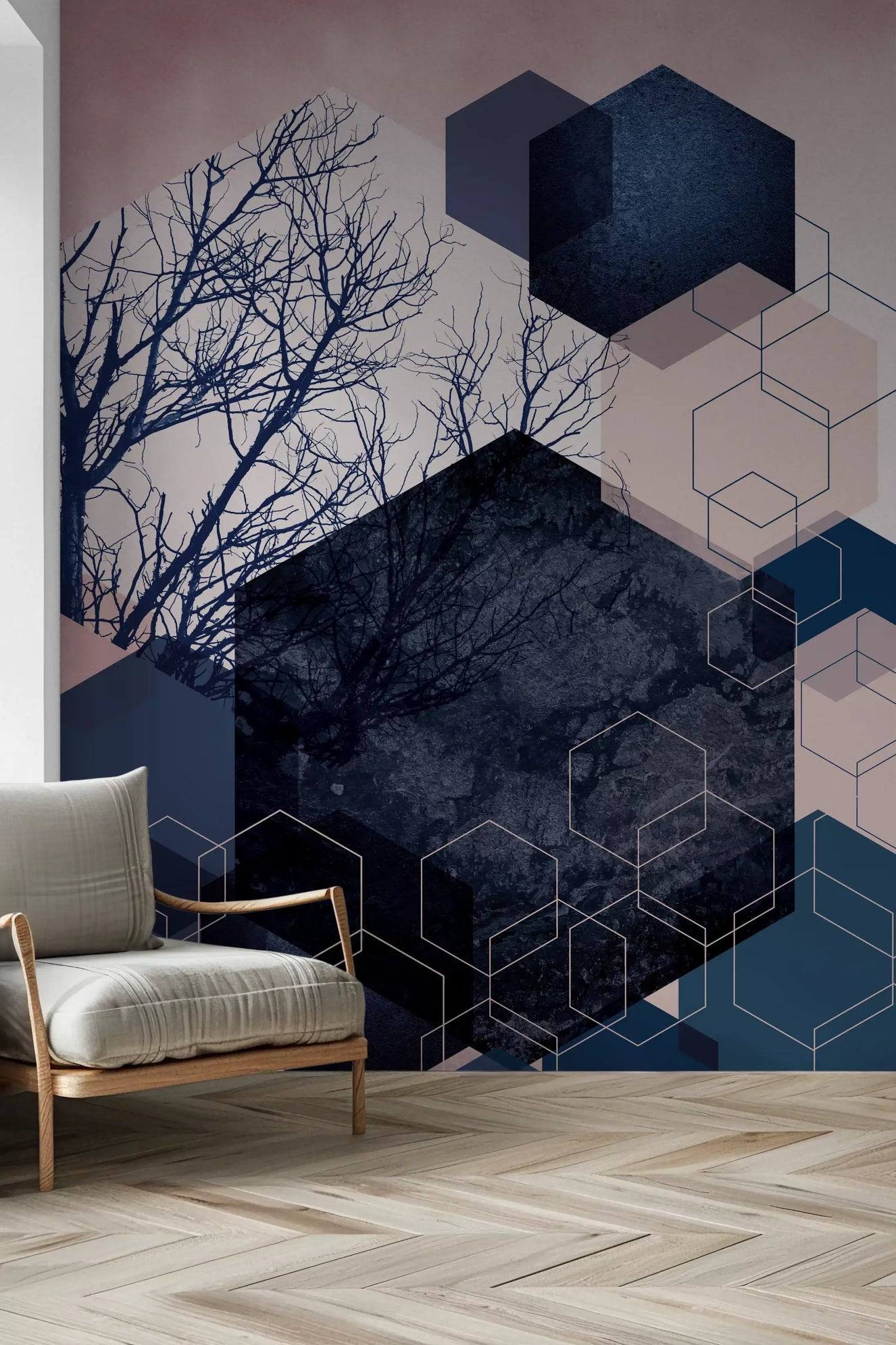 Geometric Grove: Midnight & Blush Wall Mural