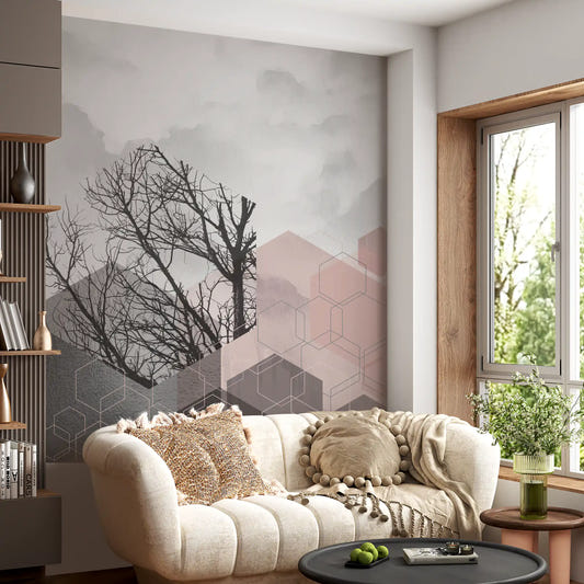 Living room set with the Geometric Serenity wall mural in blush and grey hexagons.