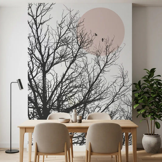 Dining room feature wall styled with the Conversation at Dawn wall mural 