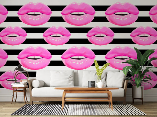 Pop Kiss Stripes wall mural fills a living room with rows of glossy pink lips.