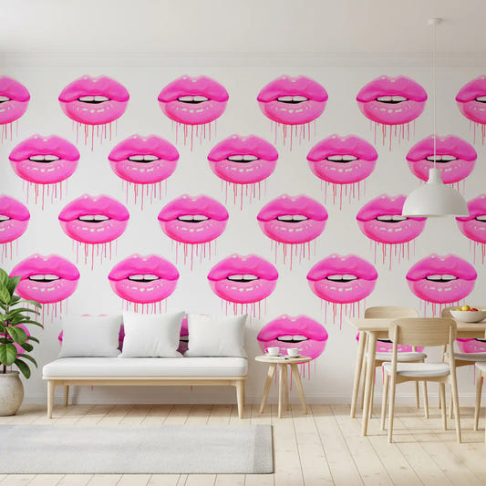 Vivid magenta lips fill the Fuchsia Kiss Pop Pattern wall mural in a Dining room setting