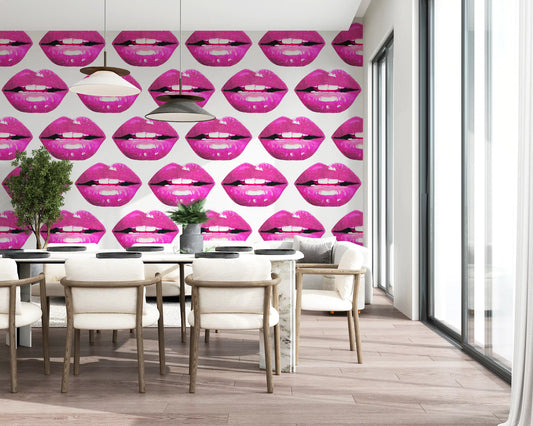 Pink Pout wall mural fronts a dining room with rows of magenta kisses