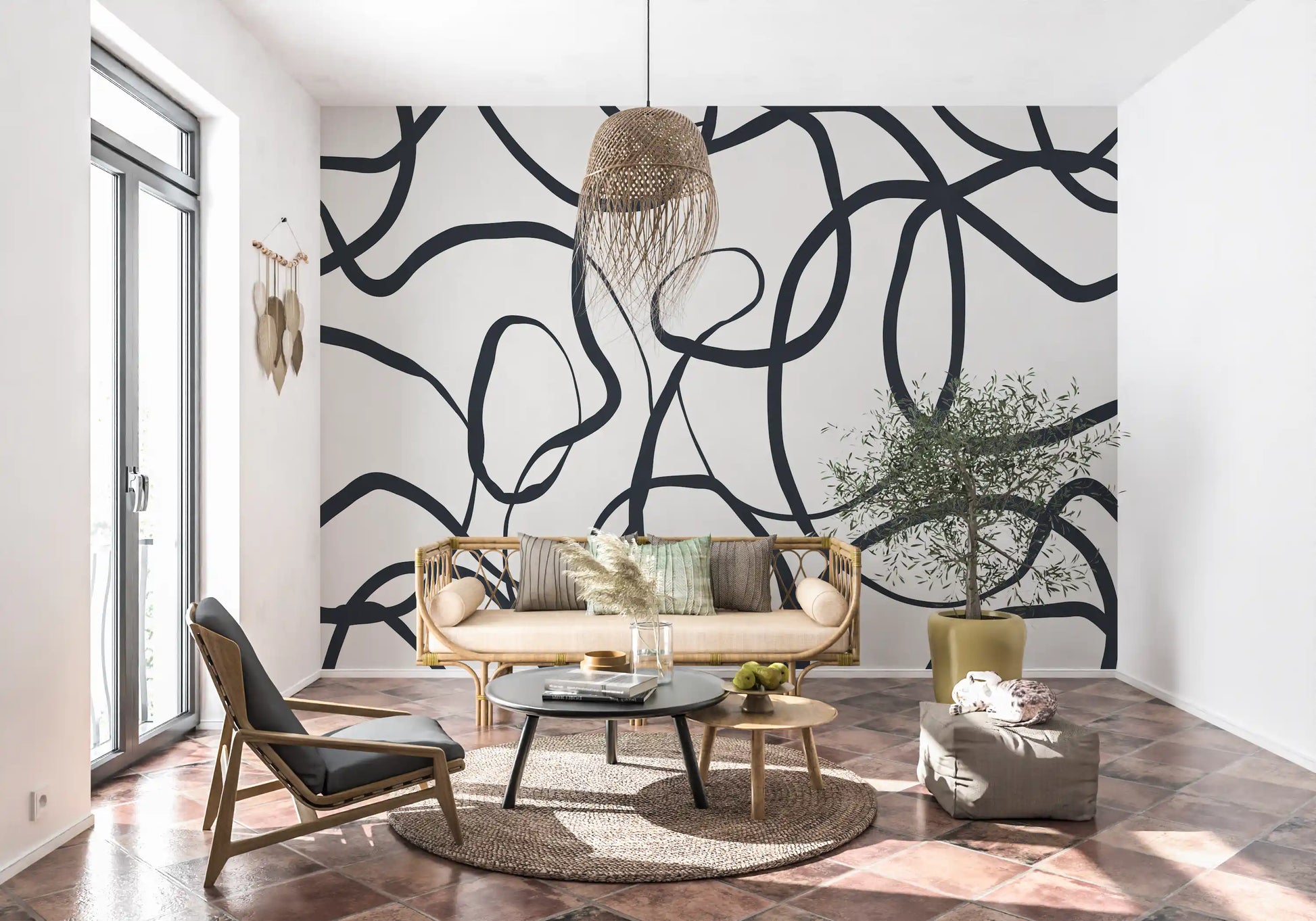 Continuous ink curves form the Serpentine Lines wall mural motif