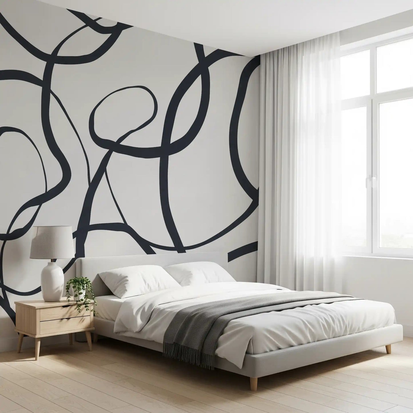 Ribbon loops drift on the Abstract Serpentine Lines wall mural in a home office