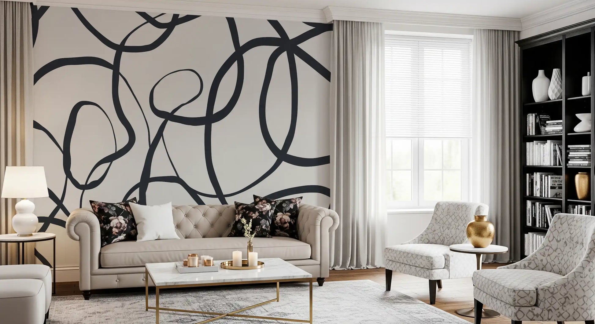 Ink-black serpentine loops weave a graphic abstract wall mural pattern