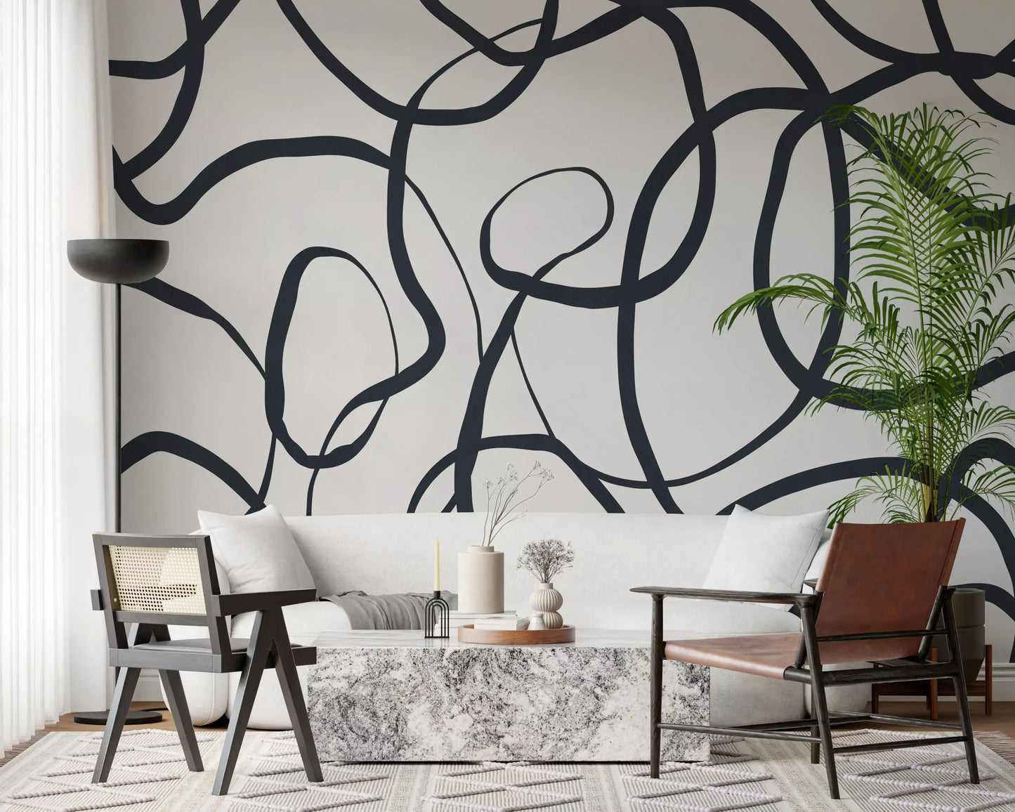 Charcoal loops trace Abstract Serpentine Lines wall mural in a Living area 